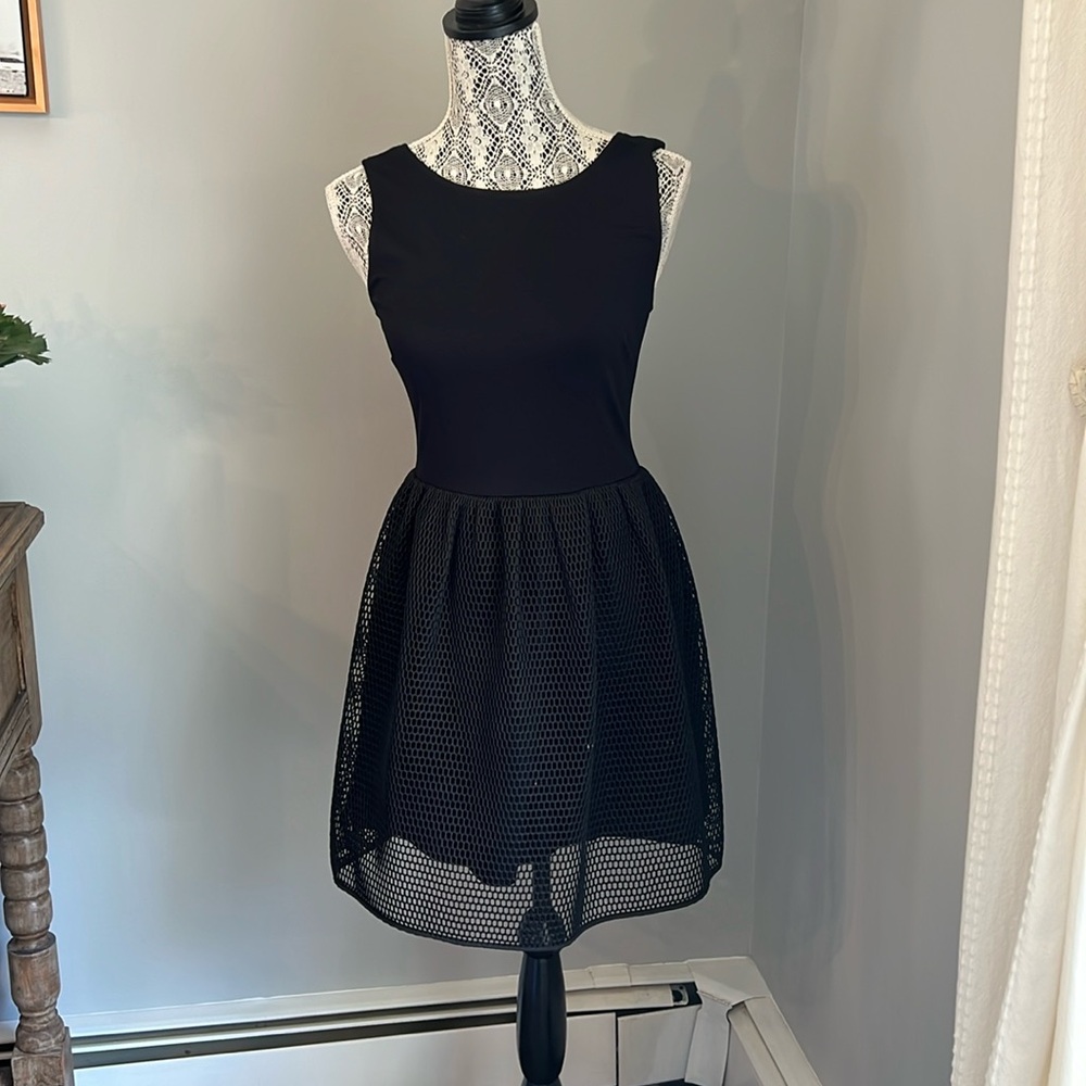 Saks Fifth Avenue Black Fit & Flare Mesh Mini Dress